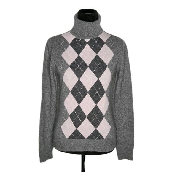 Apt. 9 Sweaters - Apt 9 100% Cashmere Sweater M Gray Pink Argyle Turtleneck Quiet Luxury Preppy